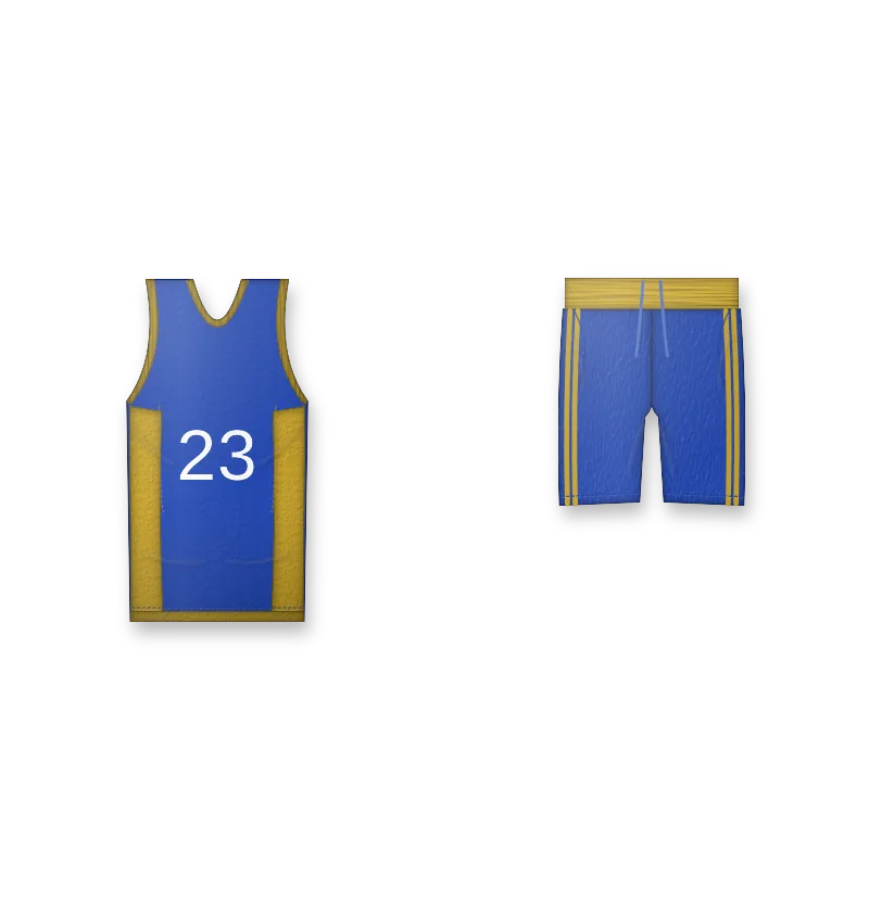 Basketball kit royal blue and gold with number 23 on the front (front view, design mockup)