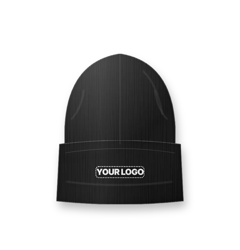Black beanie with a woven patch on the cuff (front view, design mockup)