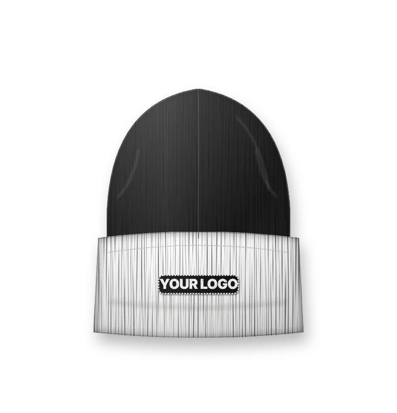 Black cuffed beanie with white logo on the cuff (front view, design mockup)