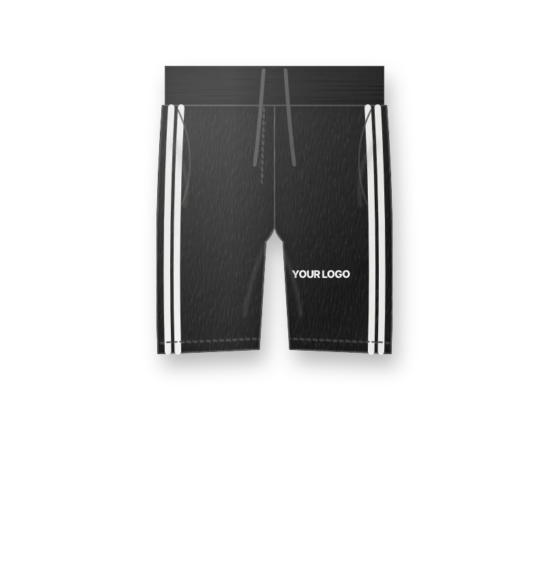 Black gym shorts with two white stripes and a white logo on the left leg (front view, design mockup)