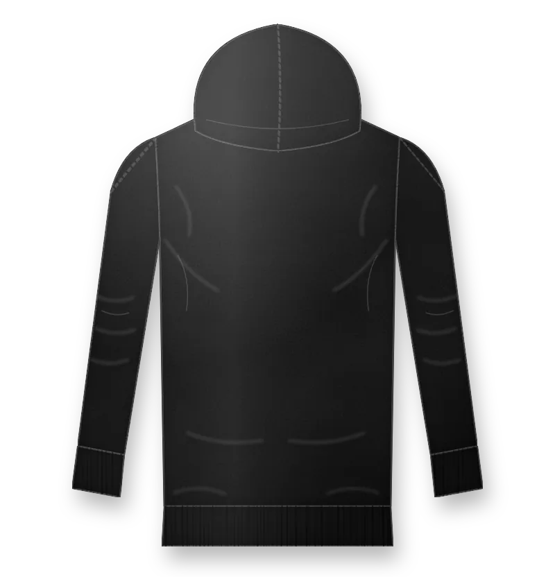 Black hoodie with white logo on the chest (back view, design mockup)