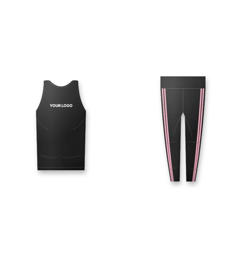 Black leggings and sports bra set with pink stripes and a small white logo (front view, design mockup)