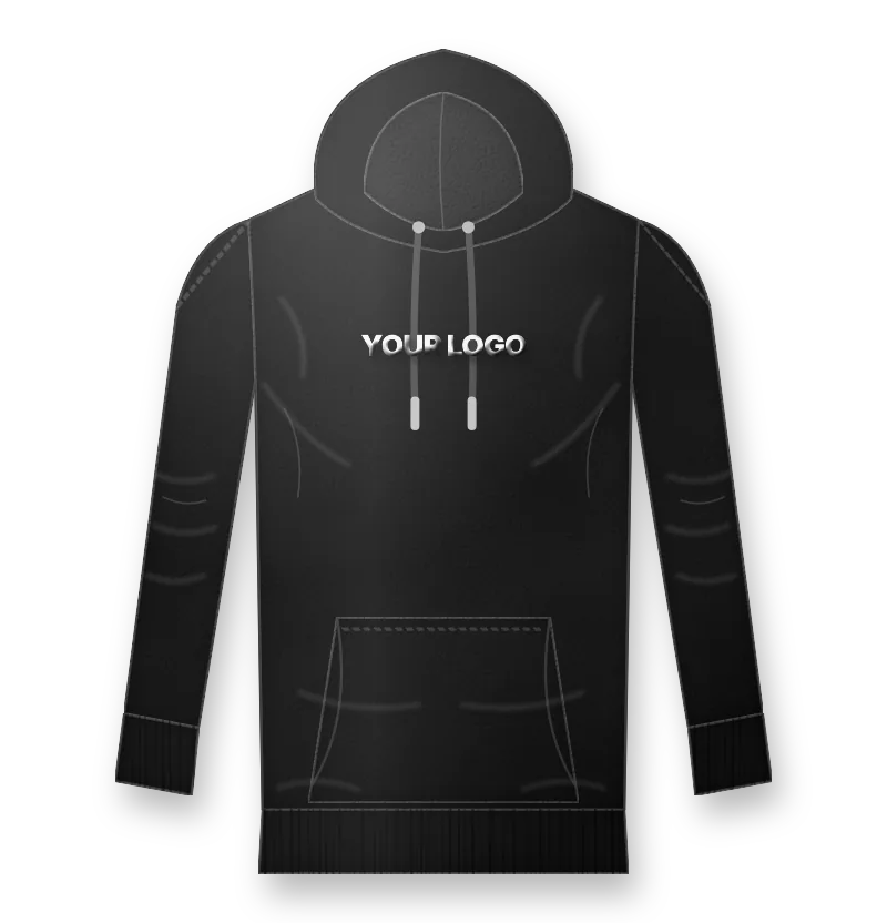 Black oversized heavyweight hoodie with 3D puff logo on the chest and big back print (front view, design mockup)