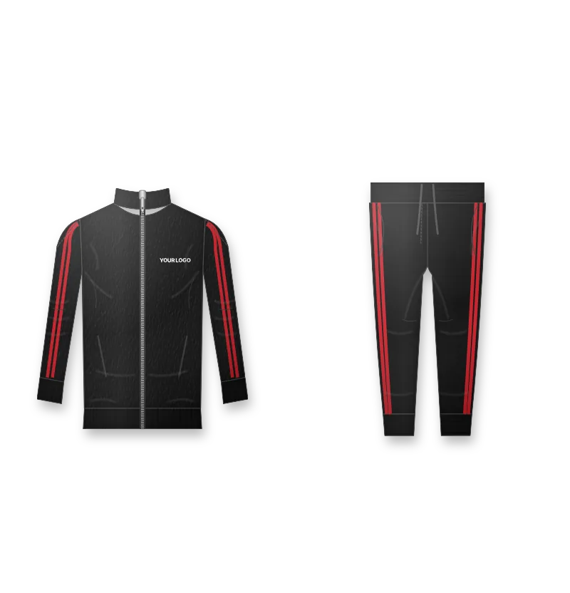 Black slim fit tracksuit with red stripes and white logo on the left chest (front view, design mockup)