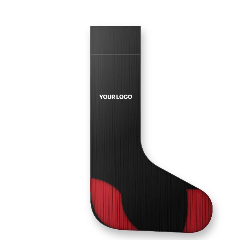Black sport socks with red heel and toe and a white logo on the leg (front view, design mockup)