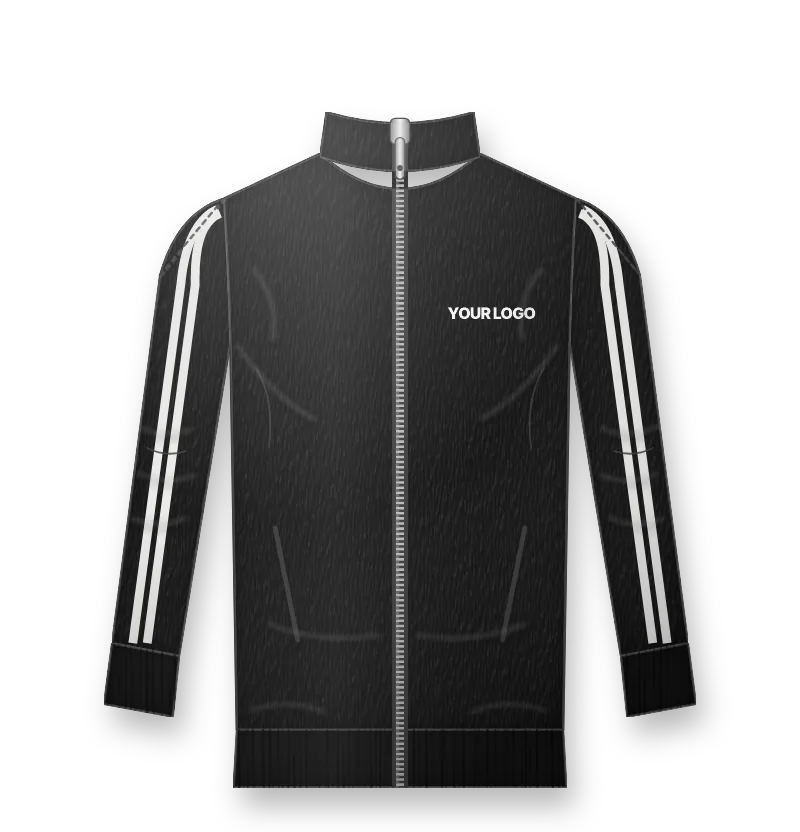 Black track jacket with two white stripes and white logo on the left chest (front view, design mockup)