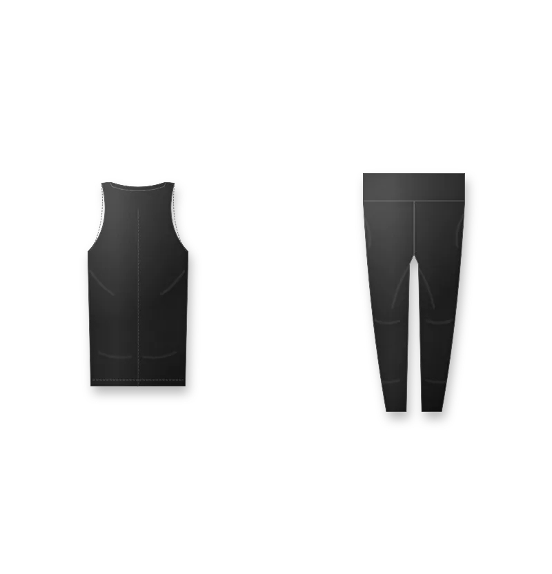 Black women's activewear leggings and sports bra set with white logo (back view, design mockup)