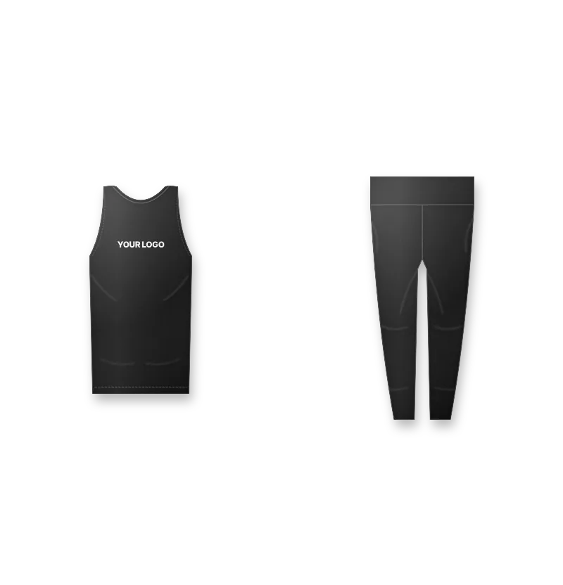 Black women's activewear leggings and sports bra set with white logo (front view, design mockup)