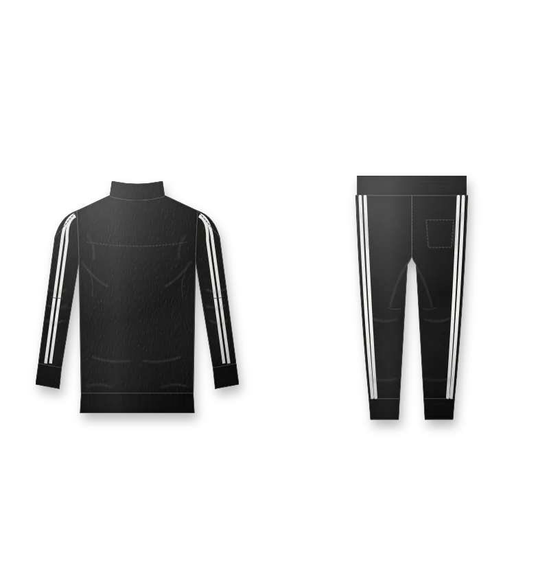 Black zip tracksuit with white side stripes and white logo on the chest (back view, design mockup)
