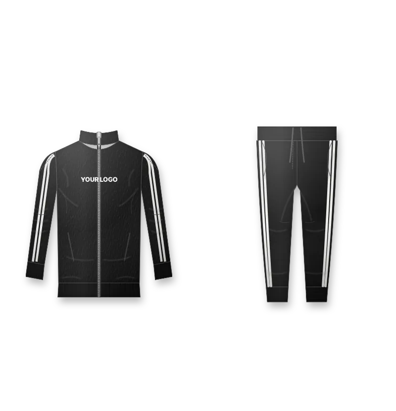 Black zip tracksuit with white side stripes and white logo on the chest (front view, design mockup)