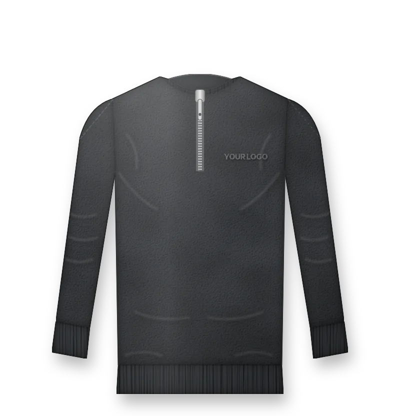 Charcoal quarter zip sweatshirt with tonal embroidery on the left chest (front view, design mockup)