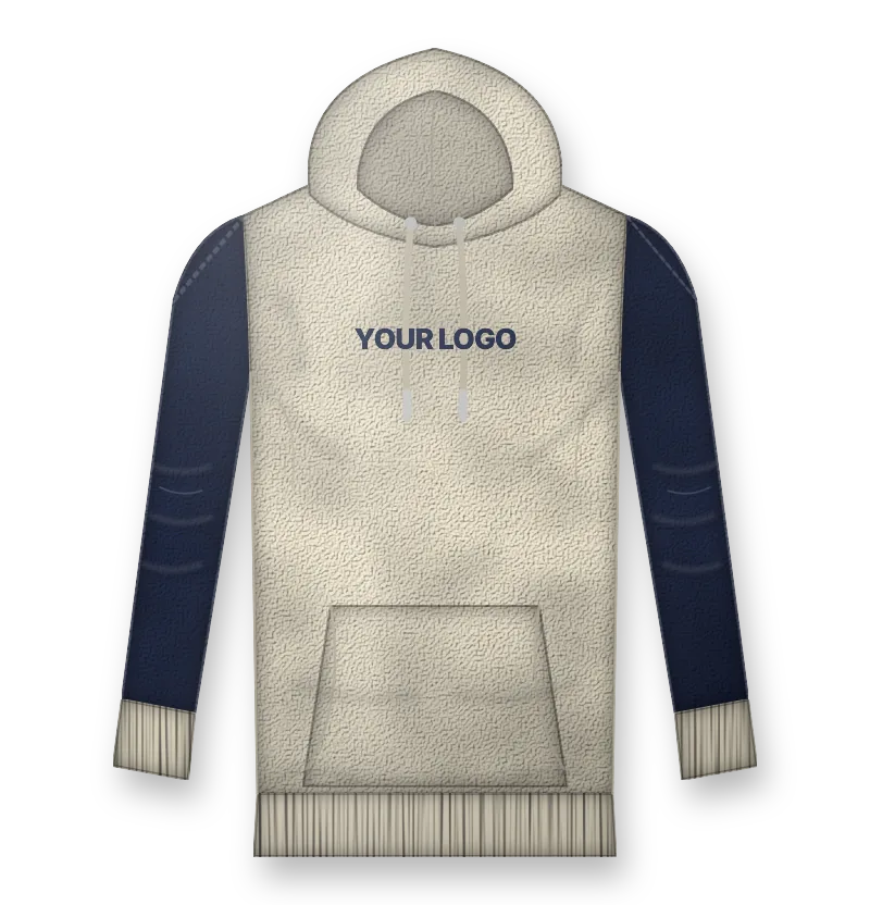 Cream hoodie with navy sleeves and hood, navy text on the chest (front view, design mockup)