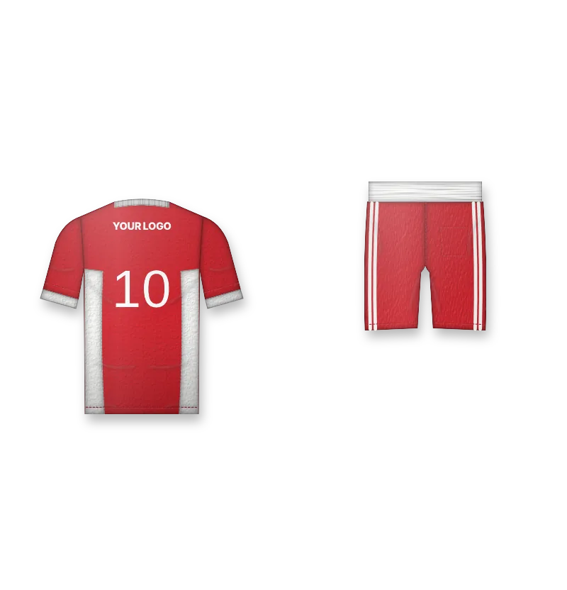 Football kit red with white side panels, logo on the back and number 10 (back view, design mockup)