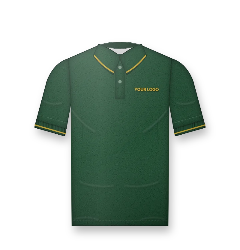 Forest green polo with gold tipping and gold embroidered logo on the left chest (front view, design mockup)