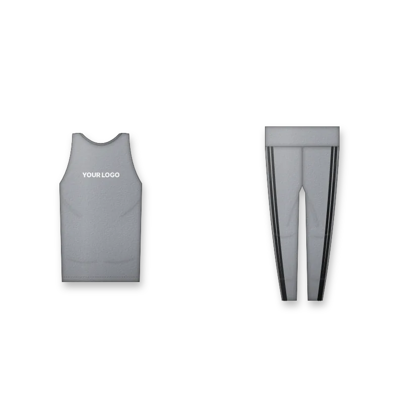 Grey activewear set with white logo on the chest and black stripes (front view, design mockup)