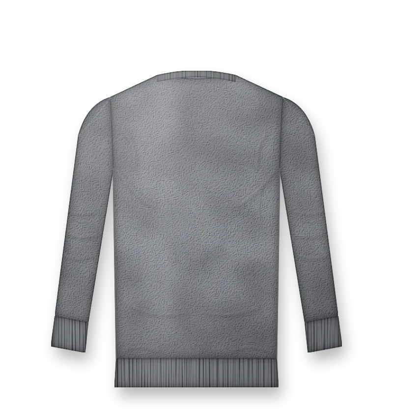 Grey crewneck sweatshirt with navy embroidered logo on the chest (back view, design mockup)