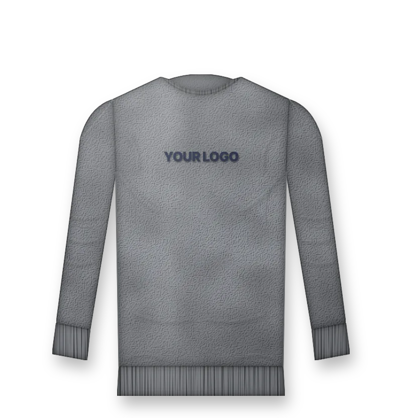 Grey crewneck sweatshirt with navy embroidered logo on the chest (front view, design mockup)