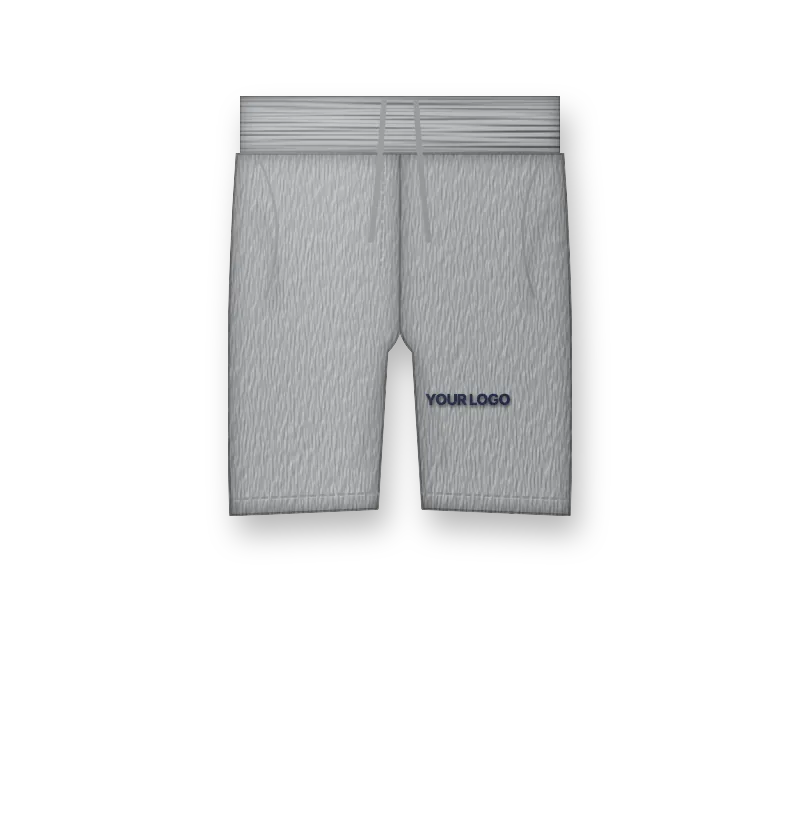 Heather grey fleece shorts with navy embroidered logo on the left leg (front view, design mockup)