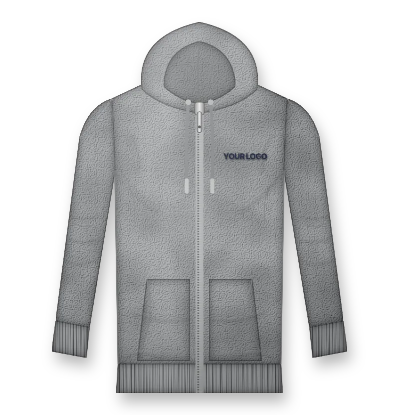 Heather grey zip up hoodie with navy embroidered logo on the left chest (front view, design mockup)