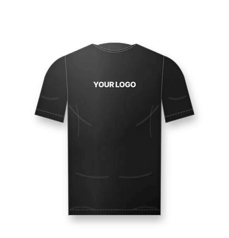 Heavyweight 250gsm boxy tee in black with a white logo on the chest and big back print (front view, design mockup)