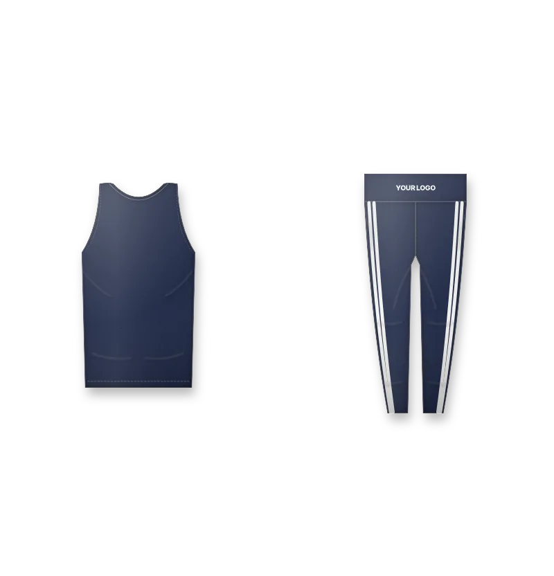 Navy activewear set with white stripes and logo on the waistband (front view, design mockup)