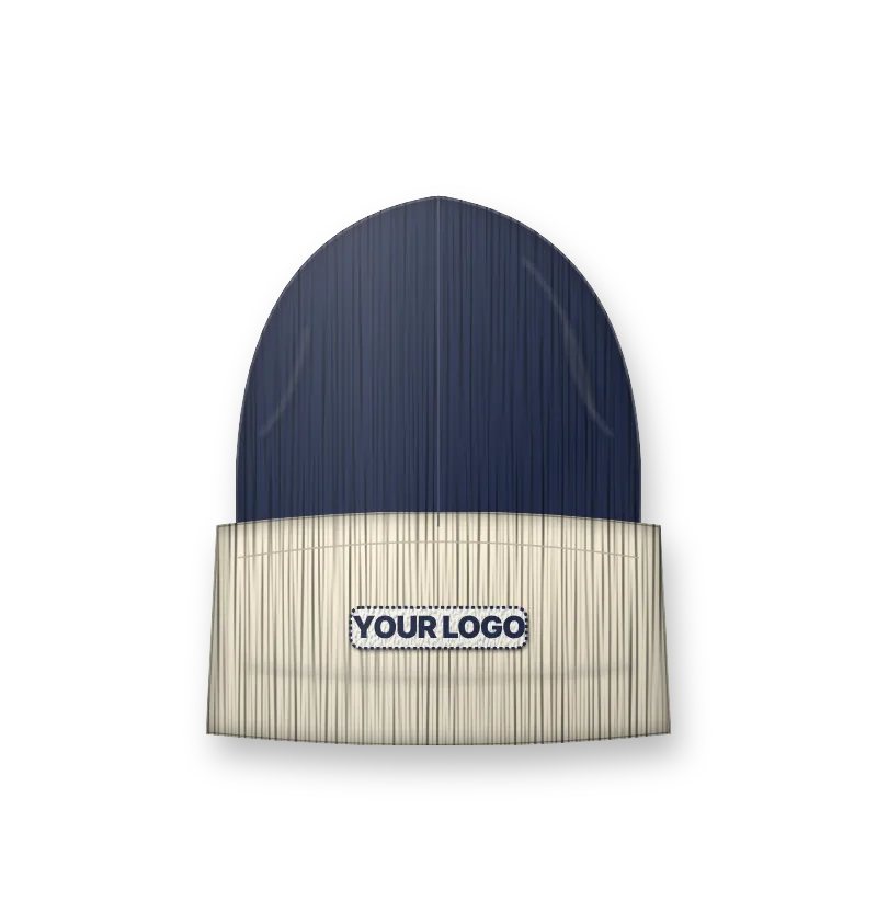 Navy beanie with a cream cuff and navy logo patch (front view, design mockup)
