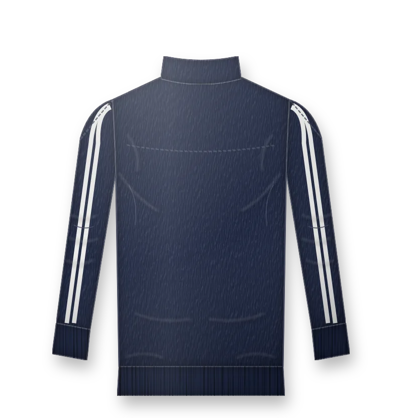 Navy bomber jacket with white stripes and white logo on the left chest (back view, design mockup)
