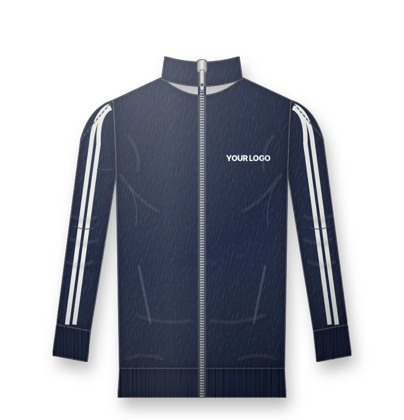 Navy bomber jacket with white stripes and white logo on the left chest (front view, design mockup)