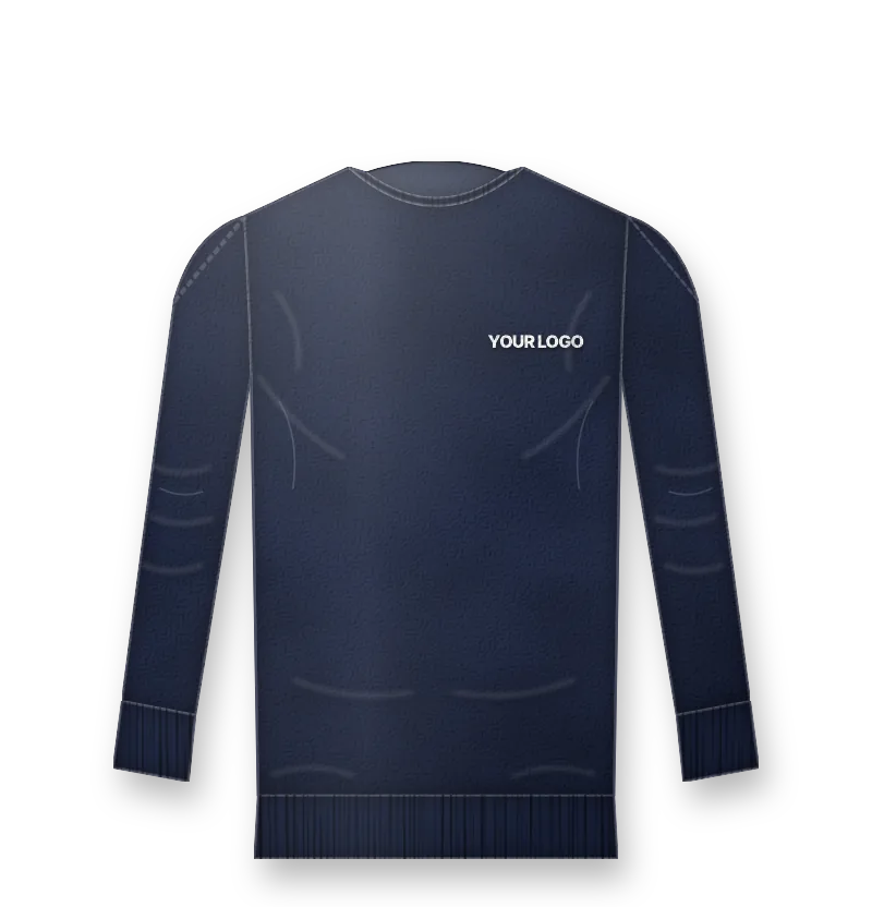 Navy crewneck sweatshirt with white embroidered logo on the left chest (front view, design mockup)
