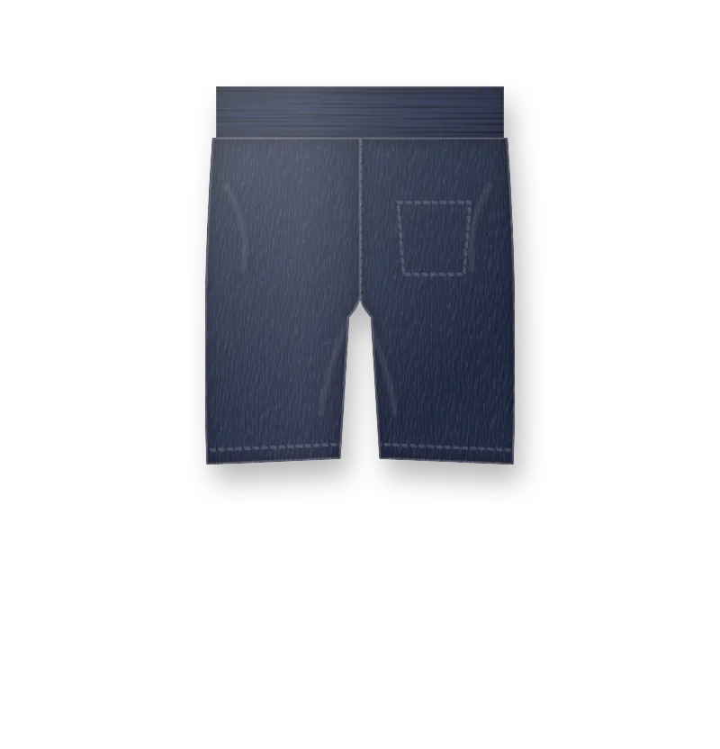 Navy gym shorts with white logo on the left leg (back view, design mockup)
