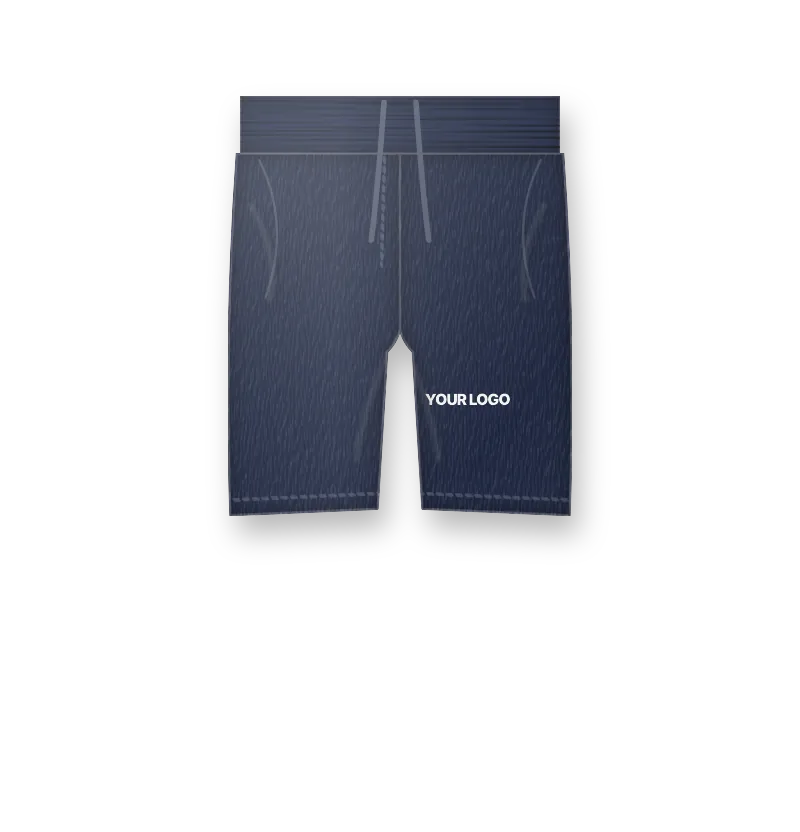 Navy gym shorts with white logo on the left leg (front view, design mockup)