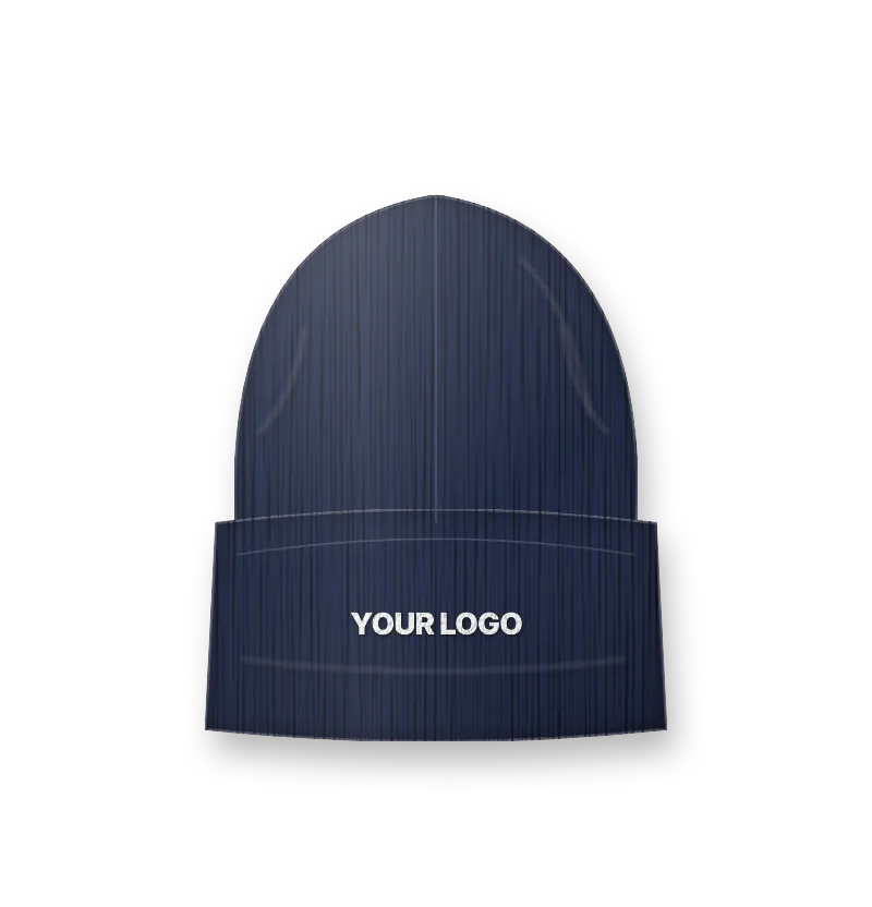 Navy knit beanie with white embroidered logo on the cuff (front view, design mockup)