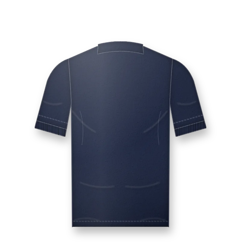 Navy polo shirt with white embroidered logo on the left chest (back view, design mockup)