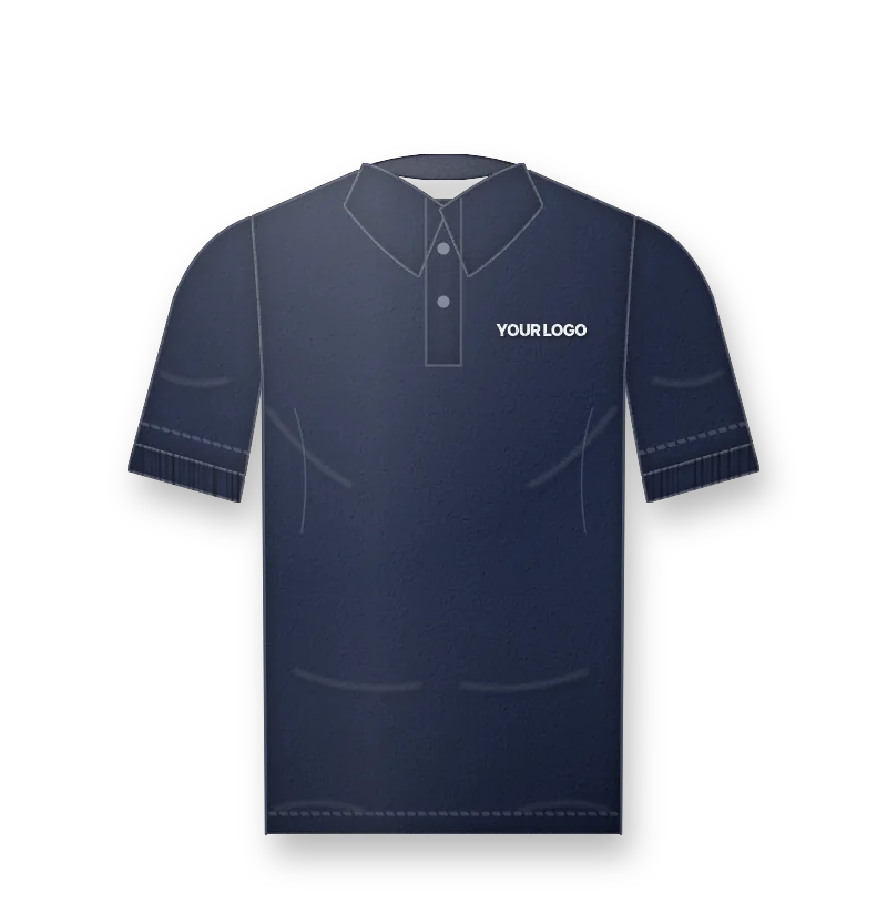 Navy polo shirts for staff with embroidered logo on the left chest (front view, design mockup)