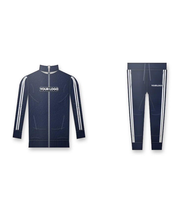 Navy tracksuit with white stripes, club badge on the chest and initials on the leg (front view, design mockup)