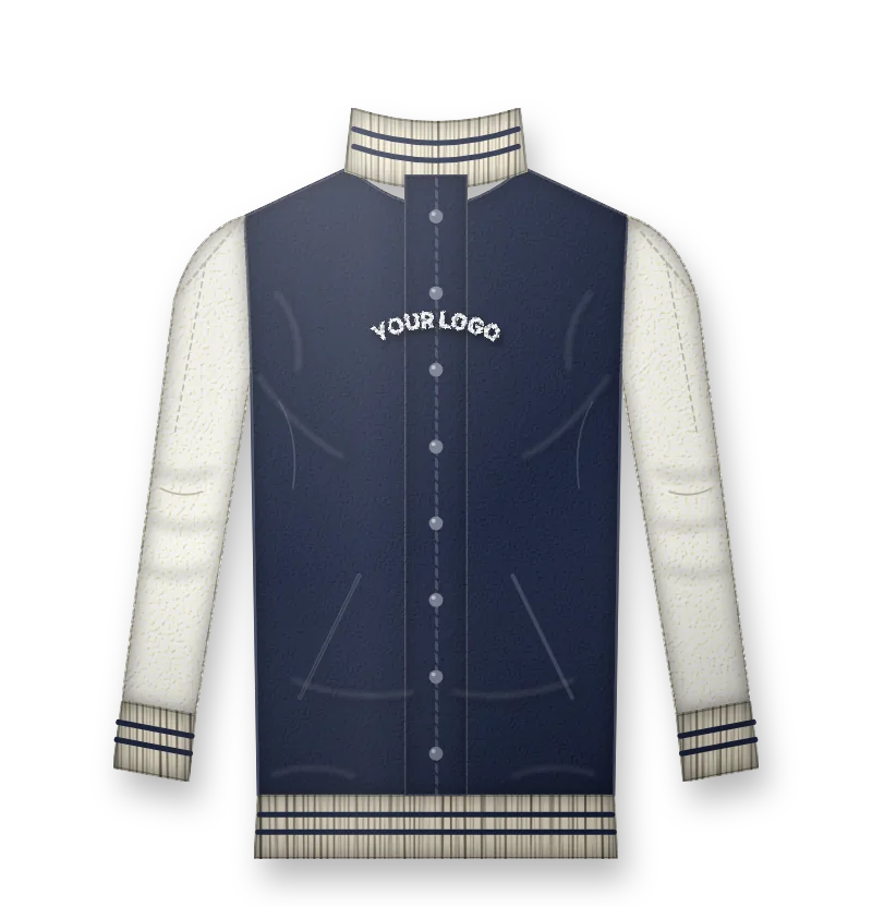 Navy varsity bomber jacket with cream sleeves and a chenille letter A on the chest (front view, design mockup)
