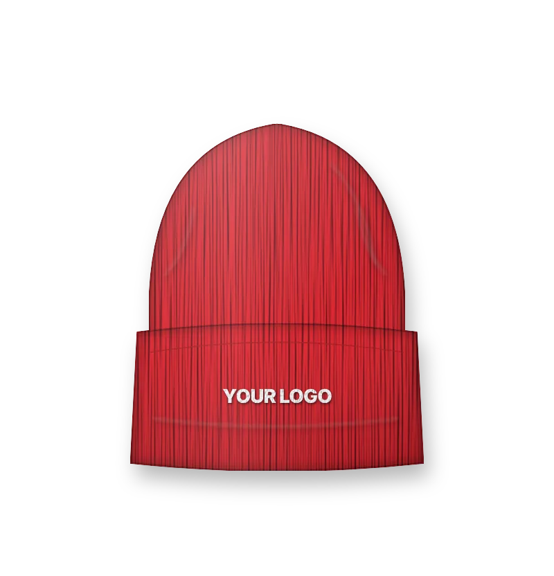 Red beanie with white embroidered logo on the cuff (front view, design mockup)