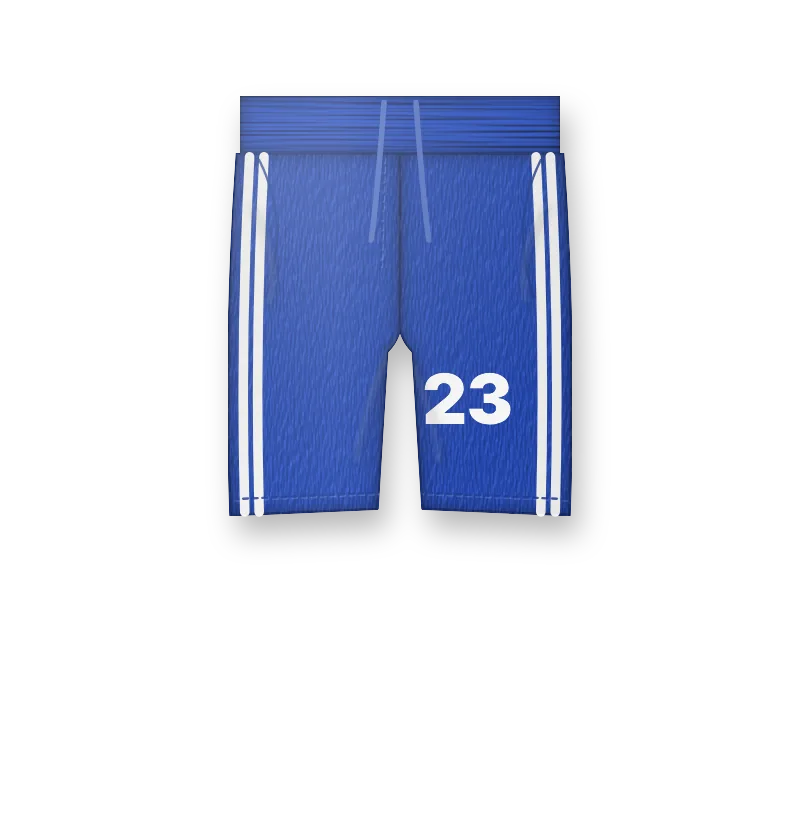 Royal blue mesh shorts with white stripes and number 23 on the leg (front view, design mockup)