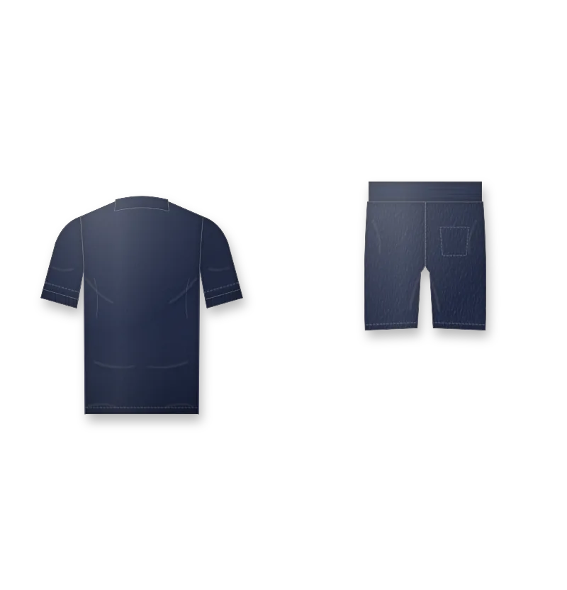 School kit navy polo and shorts with school crest on the left chest (back view, design mockup)