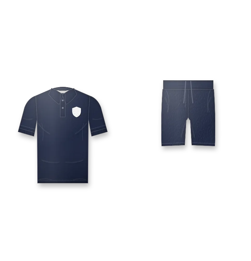 School kit navy polo and shorts with school crest on the left chest (front view, design mockup)