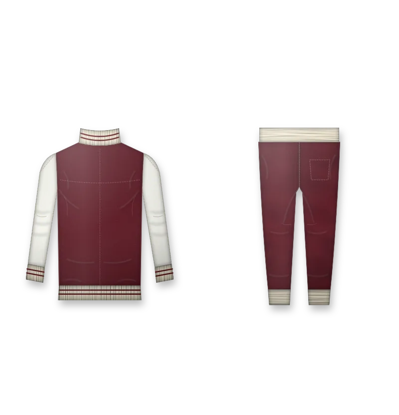 University kit in maroon varsity jacket with cream sleeves and a white chenille letter U on the chest (back view, design mockup)