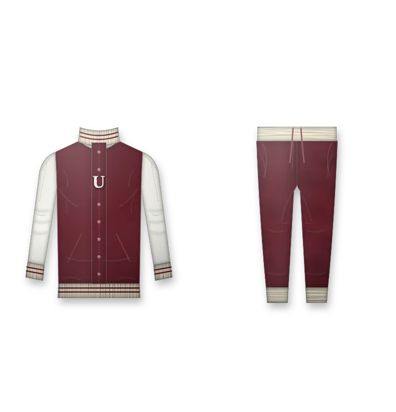 University kit in maroon varsity jacket with cream sleeves and a white chenille letter U on the chest (front view, design mockup)