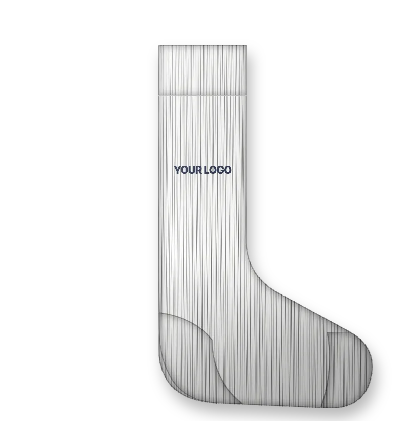 White crew socks with navy logo and stripes (front view, design mockup)
