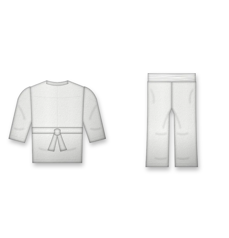 White karate uniform with black belt and red embroidered "DOJO" on left chest (back view, design mockup)