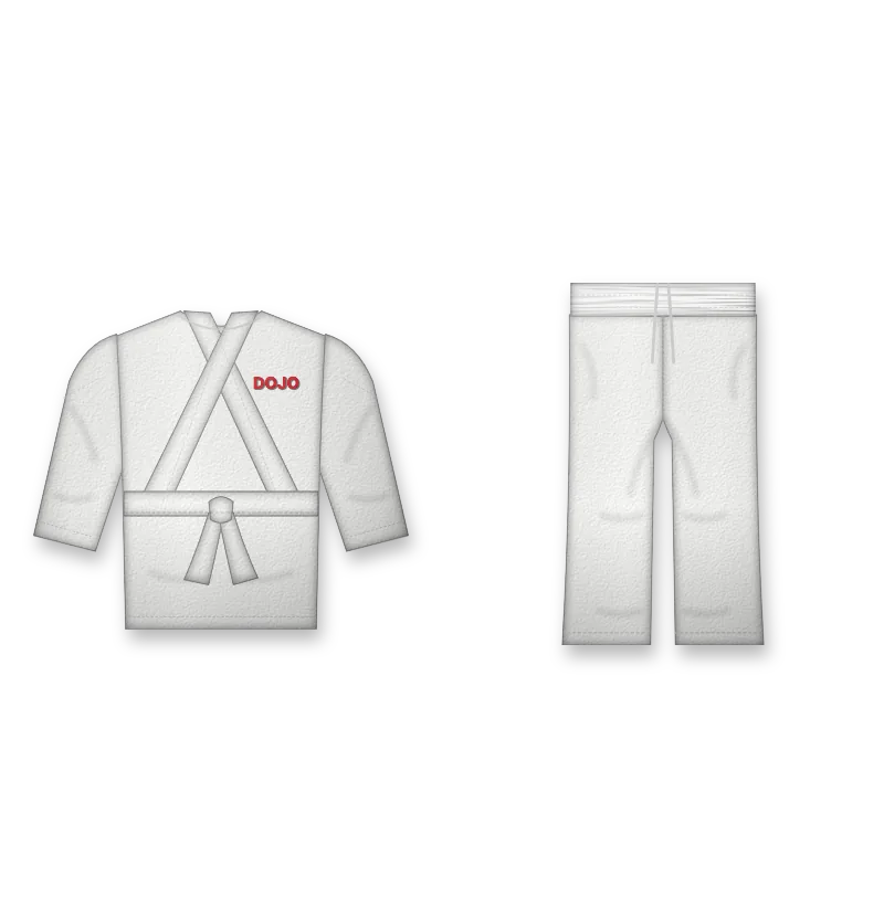 White karate uniform with black belt and embroidered dojo crest (design mockup)