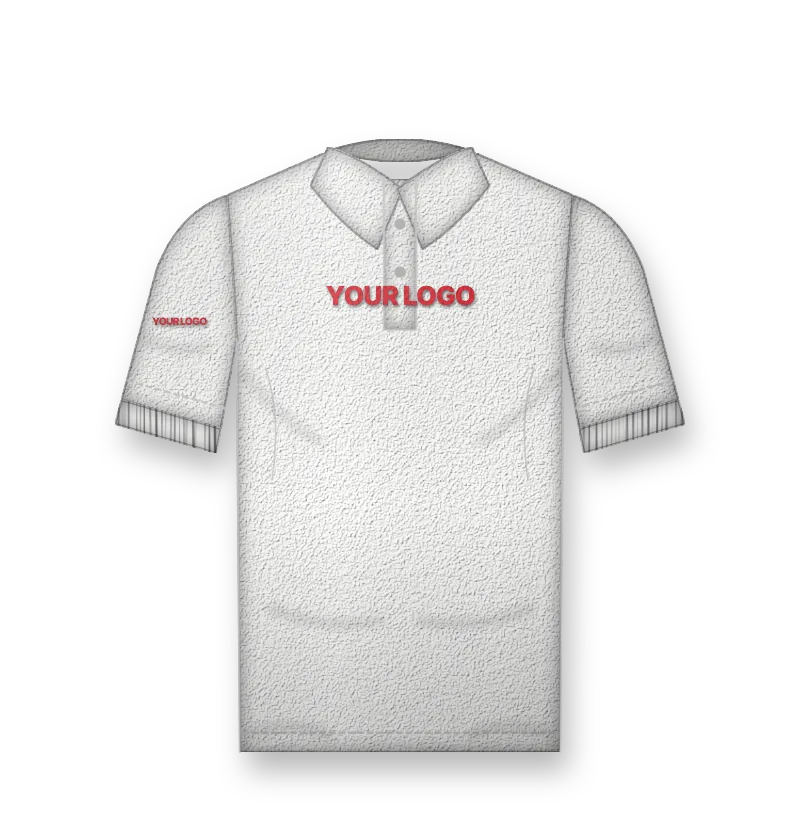 White performance polo with a red logo on the chest and sleeve (front view, design mockup)
