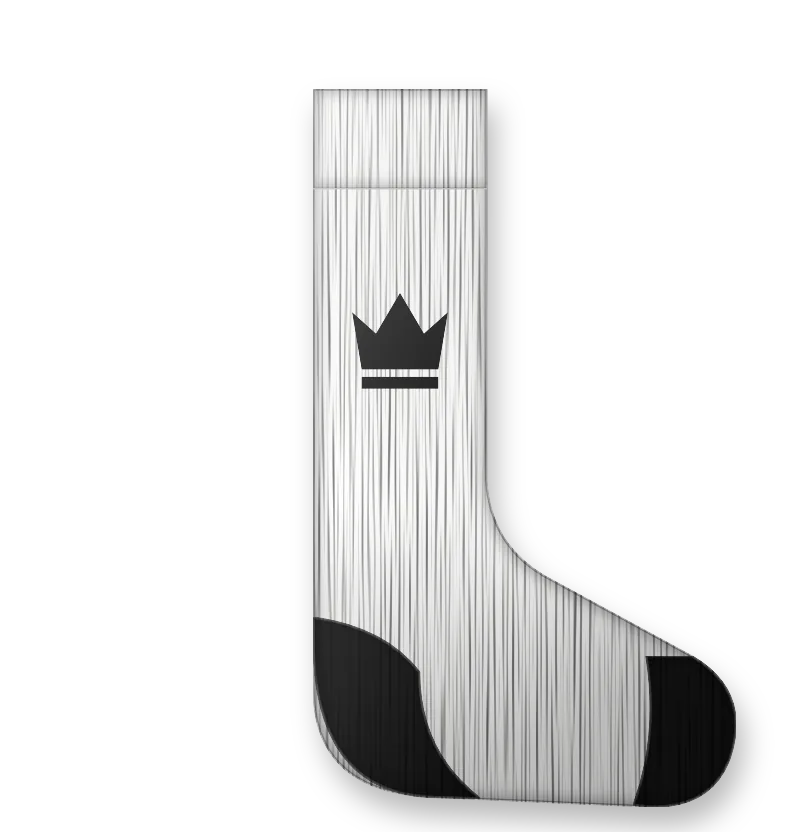 White socks with black heel and toe and a crown on the leg (front view, design mockup)
