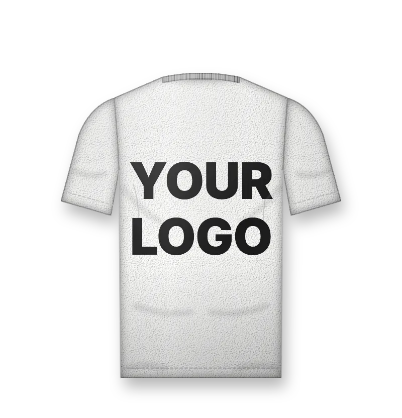 White t-shirt with black logo print on the chest and a big back print (back view, design mockup)