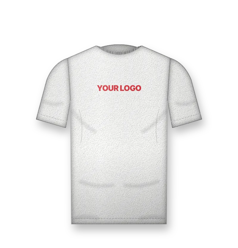 White t-shirt with a red graphic on the centre chest (front view, design mockup)