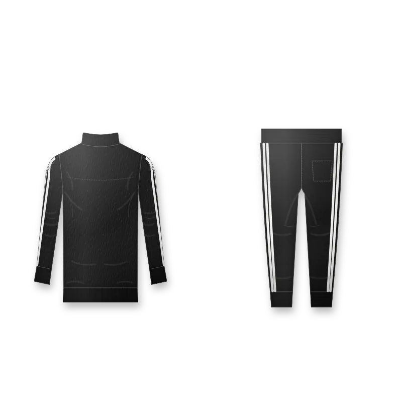 Women's fitted black zip tracksuit with white side stripes and white logo on the chest (back view, design mockup)